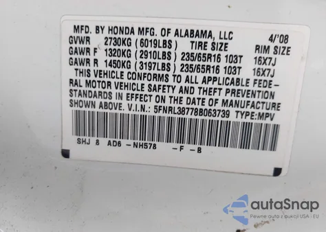 2008 Honda Odyssey Ex-L из США, поврежденный, VIN 5FNRL38778B063739